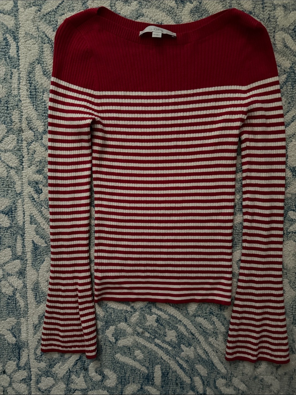 LOFT Red and White Striped Shoulder Ribbed Sweater